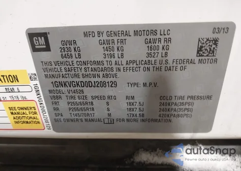 2013 Chevrolet Traverse 1Lt from USA, damaged, VIN 1GNKVGKD0DJ208129